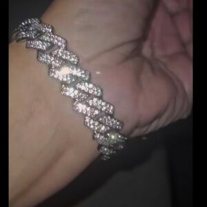 Bracelet,Sterling Silver,Cuban Link Iced Out Rhinestone, Lobster Clasp NEW